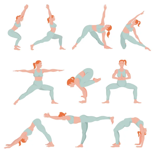 一组十个女性人物在不同的动态瑜伽姿势 在家练瑜伽 正确的表现的Asana 具有白色背景的孤立女性形象 — 图库矢量图片