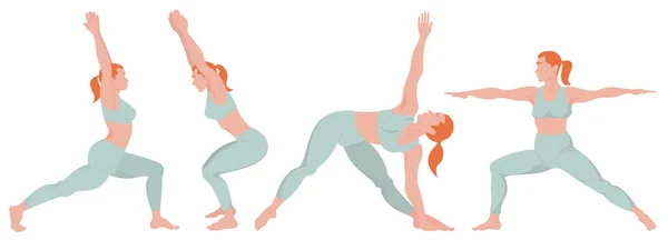 Eine Gruppe Von Zehn Weiblichen Figuren Verschiedenen Dynamischen Yoga Posen — Stockvektor