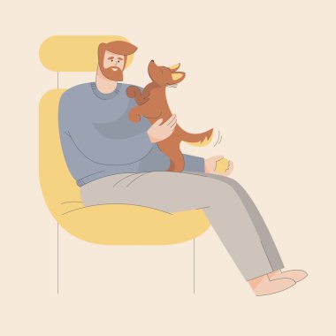 Sahibi olan bir köpeğin izole edilmiş vektör görüntüsü. Evcil hayvanını sev ve kolla. Köpekle oynuyordum. Sağlıklı köpek. Hafif arkaplan. Çizgiyle düz çizim. 