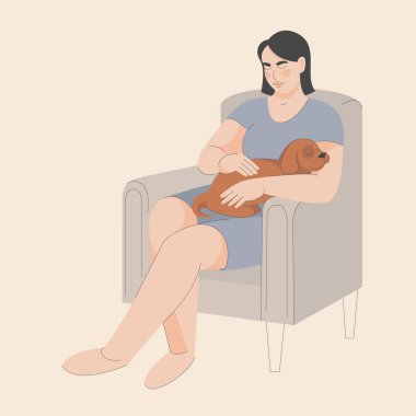 Sahibi olan bir köpeğin vektör çizimi. Evcil hayvanını sev ve kolla. Sağlıklı köpek. Hafif arkaplan. Çizgiyle düz çizim