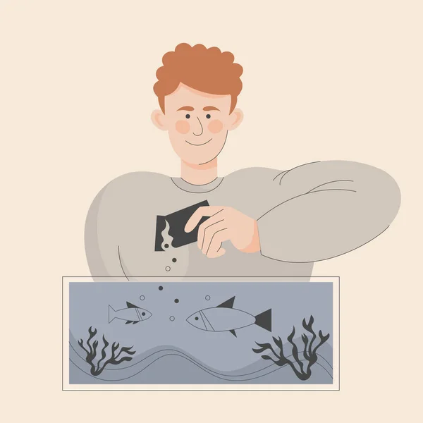 Vektör Çizimi Çocuk Akvaryumdaki Kapalı Mekan Balığını Besler Evcil Hayvanlara — Stok Vektör