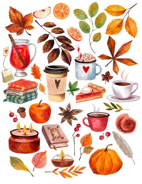 Warm Cozy Autumn Watercolor Clipart Isolated White Background Coffee Tea — Stock Photo, Image