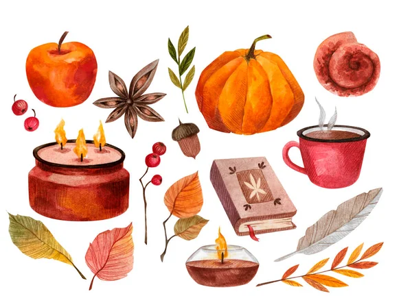 Ciepłe Przytulne Clipart Jesień Akwarela Izolowane Białym Tle Kawa Herbata — Zdjęcie stockowe