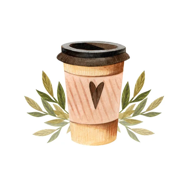 咖啡杯舒适的秋天 绿叶上印着设计咖啡的背景色 — 图库照片
