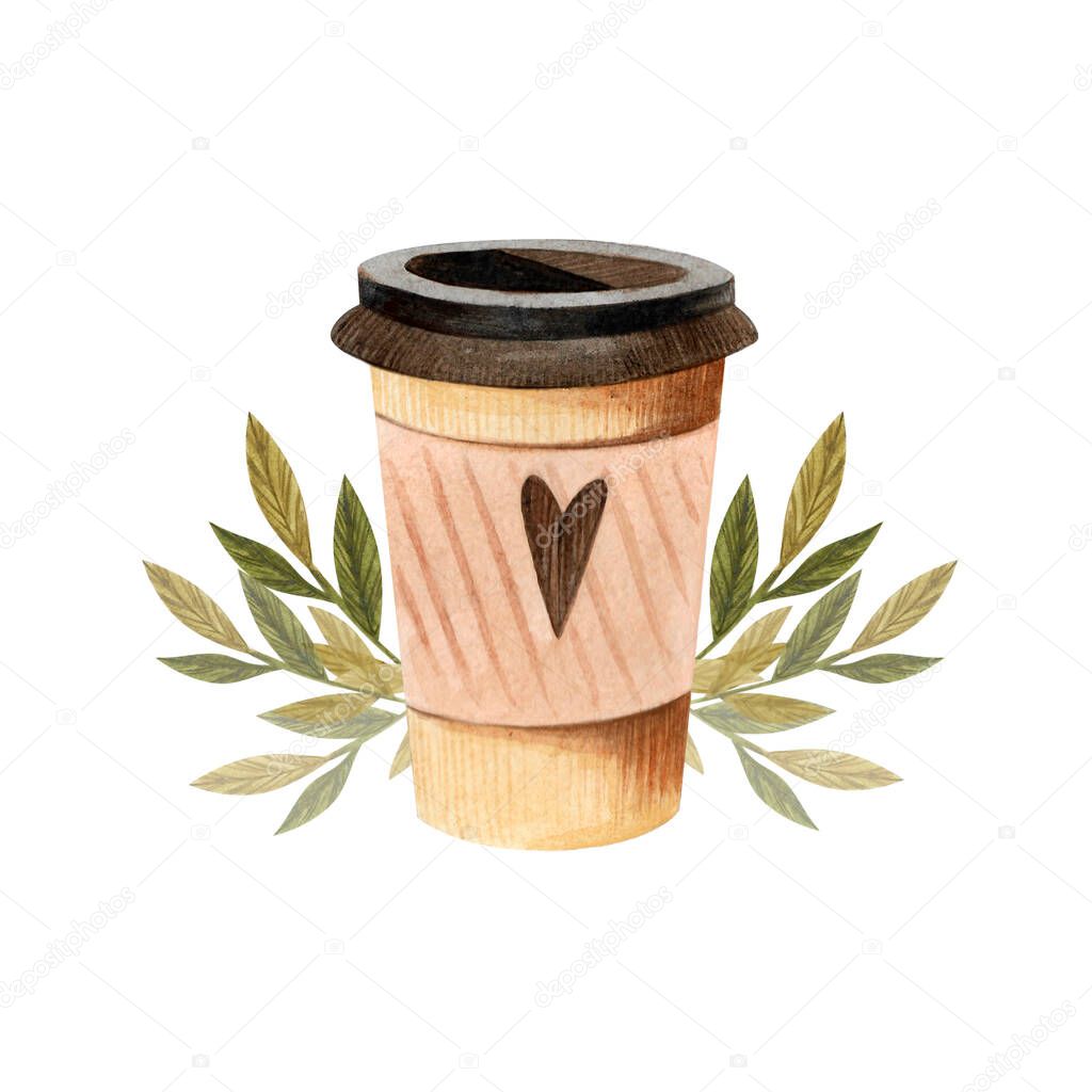 coffee cup cozy autumn with leaves on a white background print for design coffee take away, to go