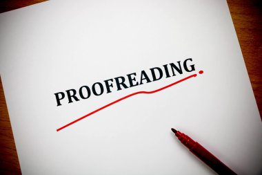 proofreading word on white sheet with red pen clipart