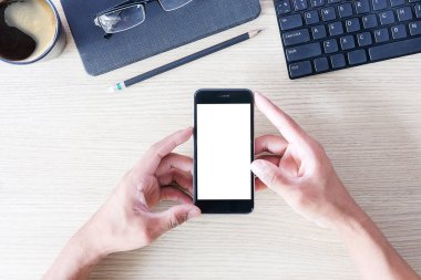 Ofis aksesuarları ile en üst görünüm ofis masaüstü, iş nesneleri ile masaüstü. 