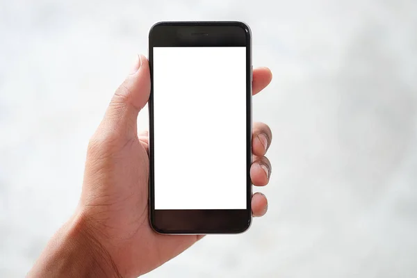 Beskuren Bild Man Händer Håller Smart Telefon Med Tom Kopia — Stockfoto