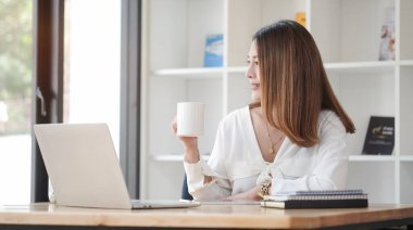 Ofiste bilgisayar laptopuyla çalışan neşeli iş kadını..