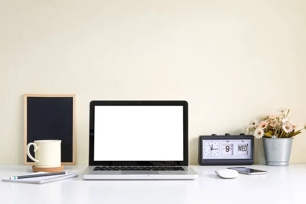 Minimal Workspace White Screen Computer Office Supplies White Table — Zdjęcie stockowe