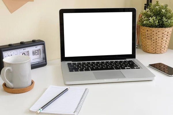 Minimal Workspace White Screen Computer Office Supplies White Table — 图库照片