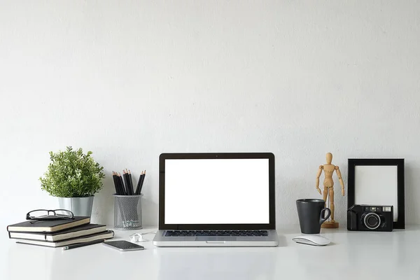 Workspace desk and laptop. copy space and blank screen. Business image, Blank screen laptop and supplies.