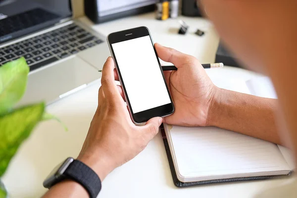 Mock Smartphone Hand Holding Black Mobile Phone Blank White Screen — Stock fotografie