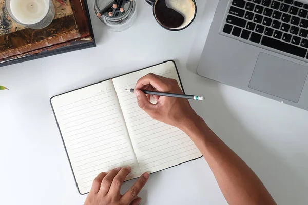 Vista Superior Área Trabalho Escritório Com Acessórios Escritório Área Trabalho — Fotografia de Stock