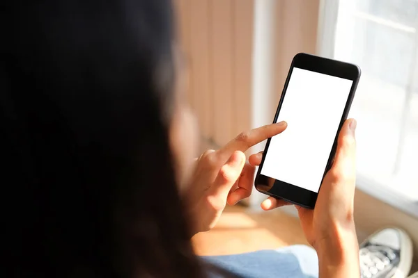 Mock Smartphone Med Handen Håller Svart Mobiltelefon Med Tom Vit — Stockfoto