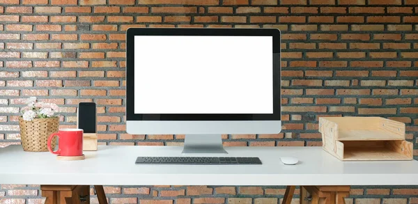 Front View Contemporary Workplace Empty White Monitor Various Other Devices — Stock Photo, Image