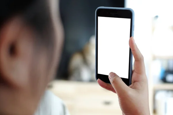 Mock Smartphone Med Handen Håller Svart Mobiltelefon Med Tom Vit — Stockfoto