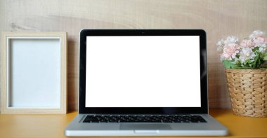 Workspace desk and laptop. copy space and blank screen. Business image, Blank screen laptop and supplies.	