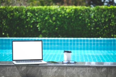 Workspace desk and laptop. copy space and blank screen. Business image, Blank screen laptop and supplies.	