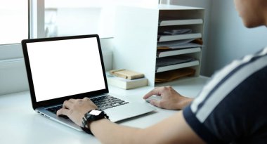 Workspace desk and laptop. copy space and blank screen. Business image, Blank screen laptop and supplies.	