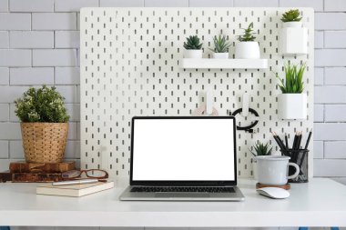 Boş ekranı ve beyaz masasında bitkisi olan önizleme dizüstü bilgisayarı.