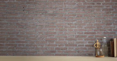 En az çalışma alanı, bir bardak su ve beyaz masadaki tuğla duvarlı kitaplar. Ürün görüntüleme kurgusu için alanı kopyala.