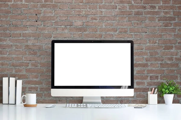 Workspace Desk Mock Computer Blank Screen White Table — Stock Fotó