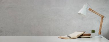 Lamba, kitaplar ve saksı bitkisi tavan arası duvarlı beyaz masada. Boşluğu kopyala.