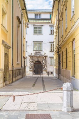 Ljubljana, Slovenya - 15 Ağustos 2018: Şehir merkezinde küçük bir yaya yolunun sonunda heykellerle süslenmiş zengin bir kapı