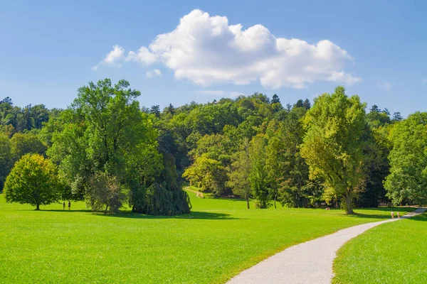 Slovenya 'nın başkenti Ljubljana' da güneşli bir günde yeşil ve yemyeşil Tivoli Parkı 'nda yürüyen ve dinlenen bazı insanlar