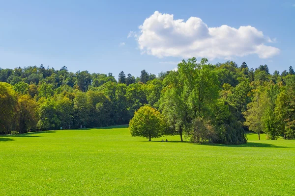 Slovenya 'nın başkenti Ljubljana' da güneşli bir günde yeşil ve yemyeşil Tivoli Parkı 'nda çok az insan oturup dinleniyor.