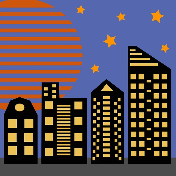 Paisaje Nocturno Ciudad Con Sol Estrellas Fondo Azul — Vector de stock