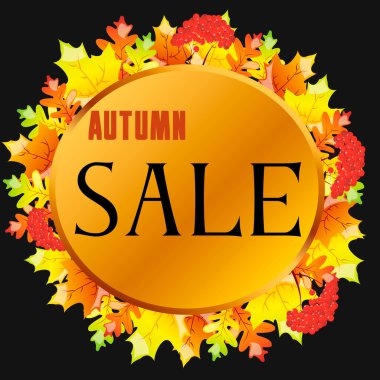 Eylül ayındaki alışveriş tanıtımı için sonbahar indirimi afişleri. Siyah arka planda sonbahar indirimi. Akçaağaç ve meşe yaprakları meşe palamudu, indirimli broşür veya web afişi tasarımı için. 