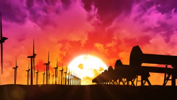 Silhouettes of working wind turbines and oil pumps — Stock Video