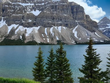 Buzul Dağları 'nın karlı ve göl manzaralı güzel bir görüntüsü. Göl kenarındaki yemyeşil ağaçlarla çevrili.