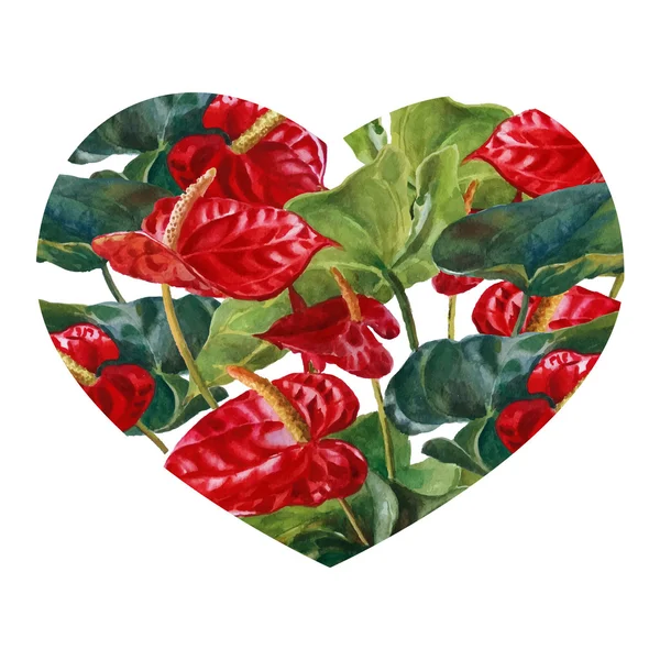 水彩で描かれた花の愛の心 — ストックベクタ