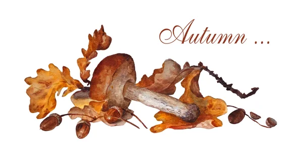 Гриб, пофарбований в акварель, з дубовим листям і жолудями на — стоковий вектор