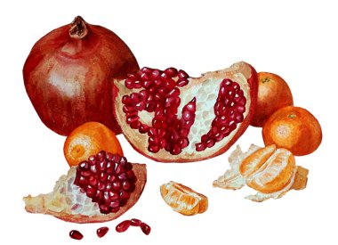 Nar ve beyaz arka plan üzerinde izole mandalina. Watercol
