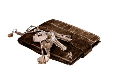 Keys and wallet, isolated on white background.Watercolor monochr clipart