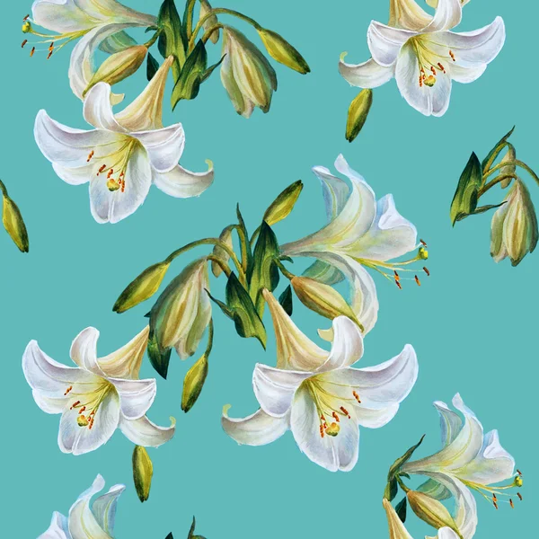 원활한 꽃 pattern.lilies 블루 backgroun에. 수채화 펜 실바 니 아 — 스톡 사진