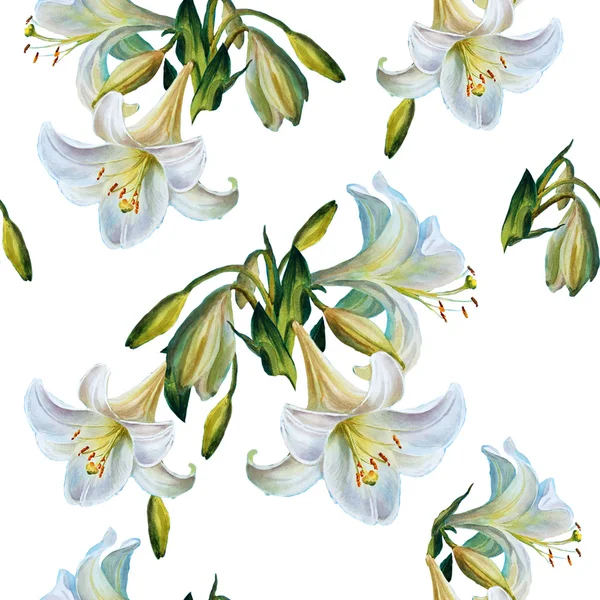 Varrat nélküli virágos pattern.lilies a fehér háttere. Akvarell p — Stock Fotó