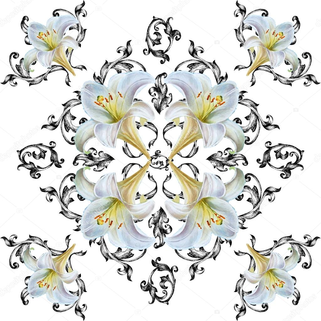 Seamless pattern in baroque style with a lily flowers. Watercolo