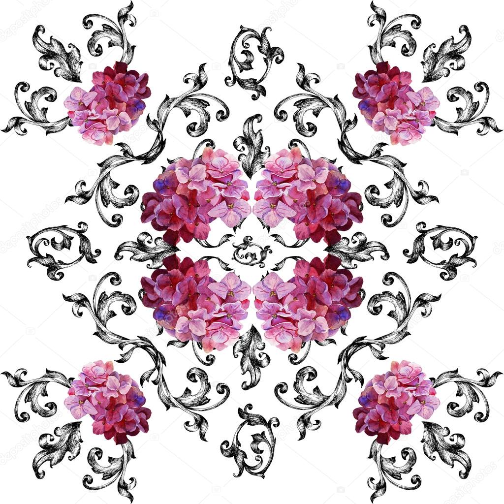 Seamless pattern in baroque style with flowers hydrangeas. Water