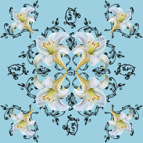 Patrón sin costuras en estilo barroco con flores de lirio. Watercolo —  Fotos de Stock