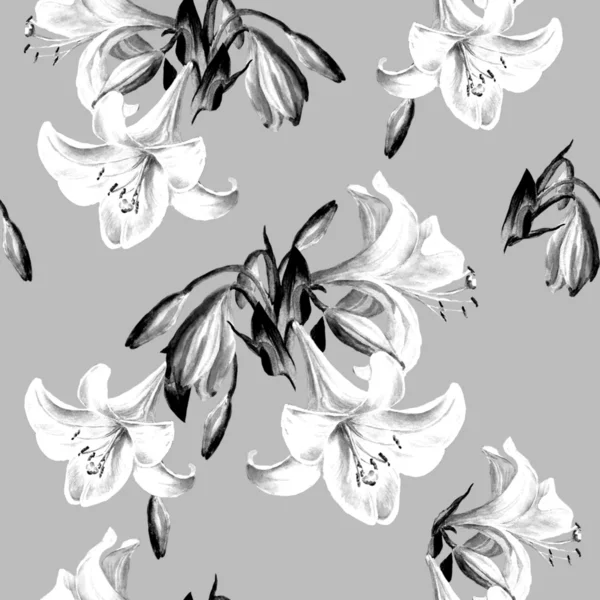 Seamless floral pattern monochrome.lilies .Watercolor painting. — Stok Foto