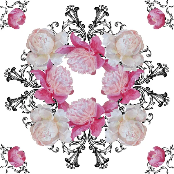 Varrat nélküli mintát a virágok pünkösdi rózsa, barokk stílusban. Watercol — Stock Fotó