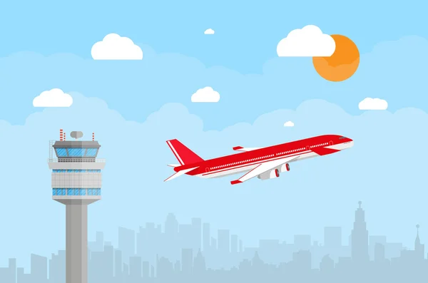 Torre de control del aeropuerto y avión volador — Vector de stock