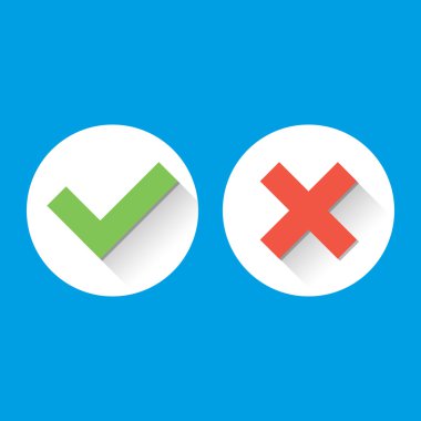 Simple Check Marks. icons with long shadows in flat style. Green Tick Red Cross Represents Confirmation, Right and Wrong Choices concepts, Vector illustration
