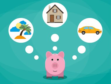 Karikatür pembe kumbara tatil, araba ve house.investment, tasarruf gelecek planlama kavramı düz tasarım, yeşil arka plan vecor illüstrasyon hakkında rüya