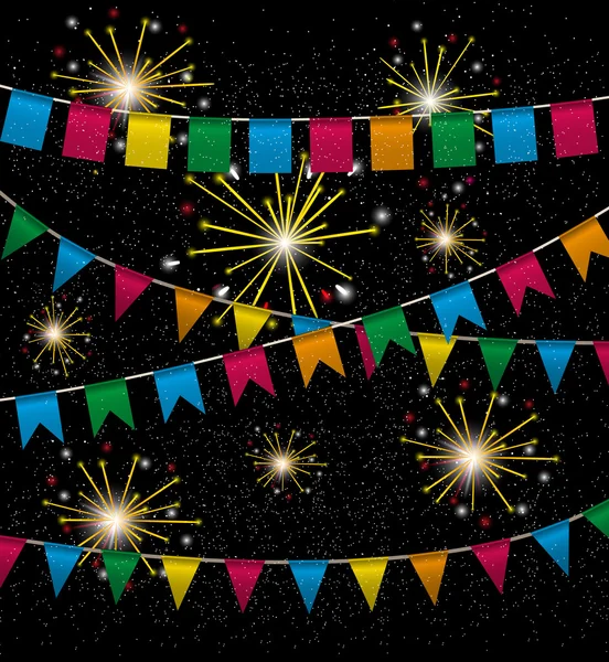 Colore pennant bunting collezione triangolare e quadrato rosso, giallo, blu, verde, colori arancio di notte con fuochi d'artificio colore intorno, iilustrazione vettoriale, per il web design. biglietto di auguri, festa — Vettoriale Stock